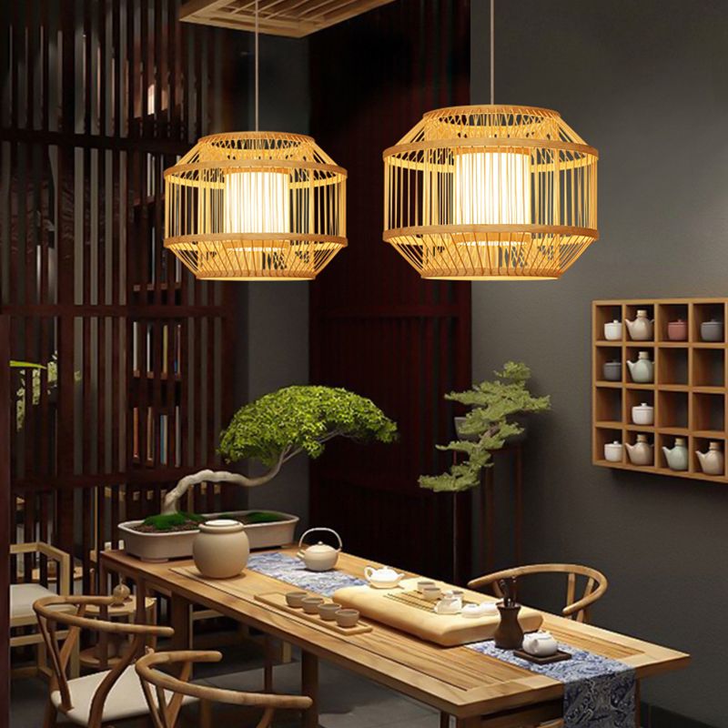 Birdcage Bamboo Weaving Lighting Pendant Japanese Style Parchment Shade 1-Light Suspended Lamp