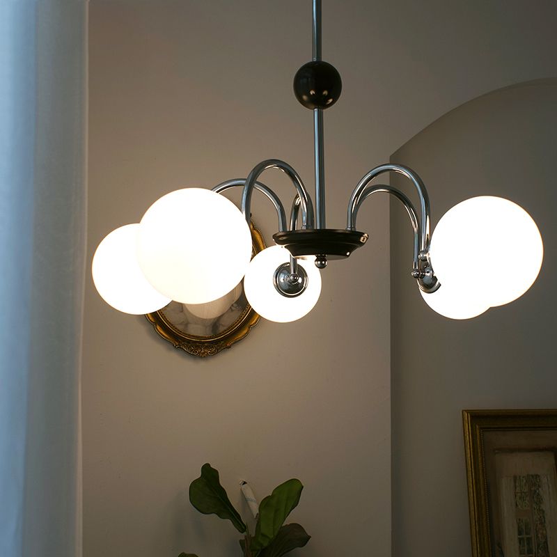 Modern Style Spherical Shape Chandelier Lights White Glass Pendant Lights in Silver