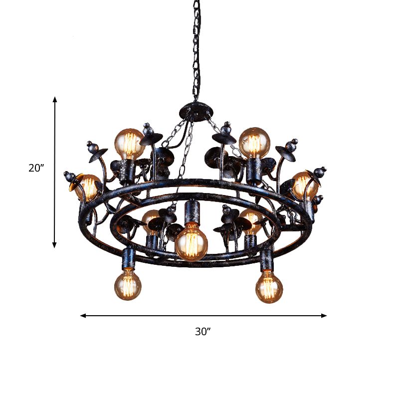 Multi Light Round Chandelier Light Open Bulb Metal Rustic Pendant Lighting in Black