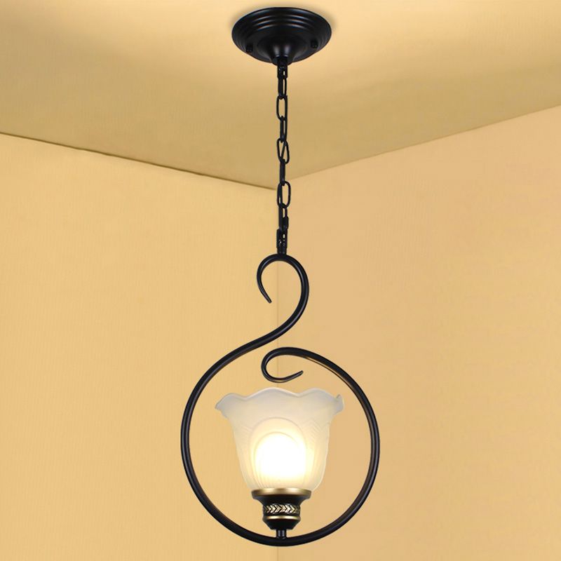 Black Bell Shade Ceiling Light Traditional Opal Glass 1 Head Dining Room Hooded Hanging Pendant Light