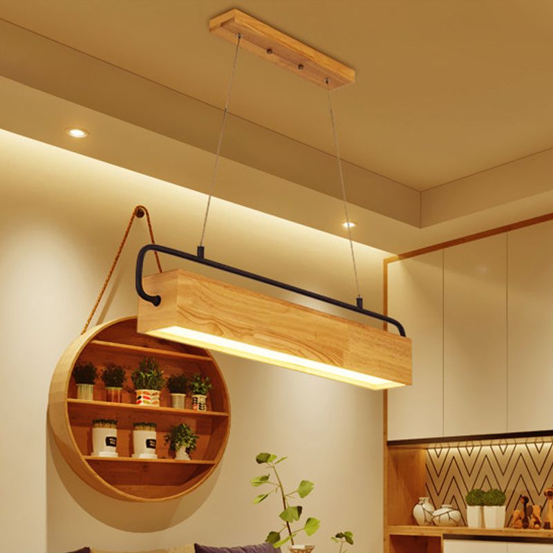 27.5"/35.5" Wide Rectangle Wood Hanging Chandelier Modern Beige LED Pendant Light Kit in Warm Light for Dining Room