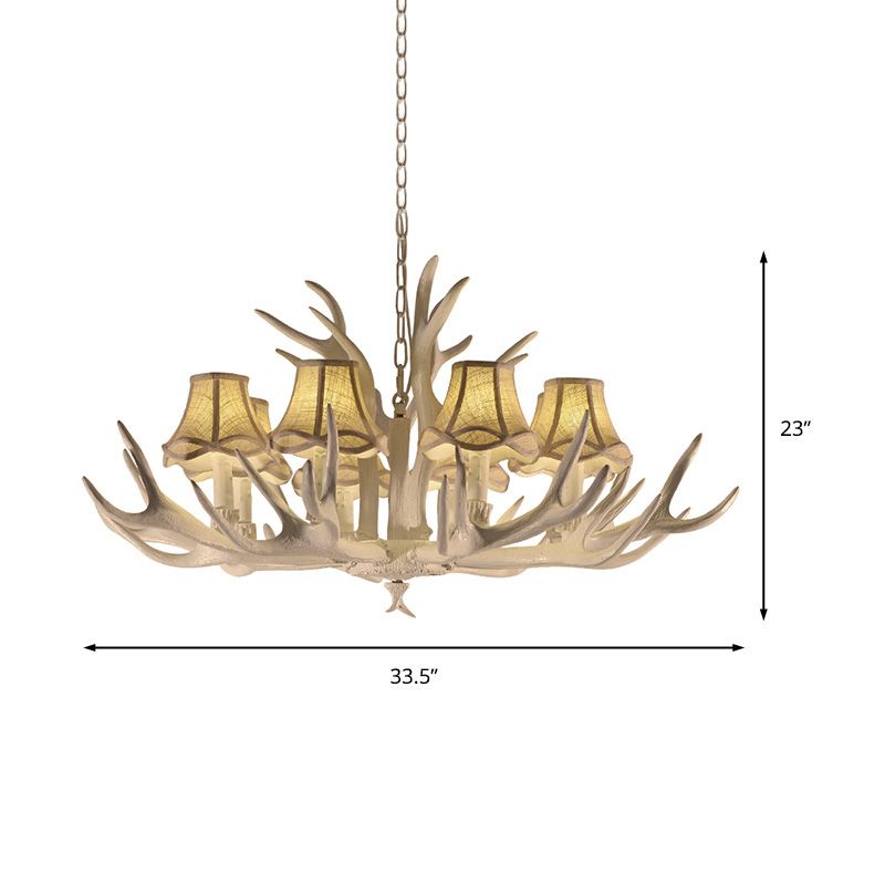8 Heads Resin Chandelier Rustic Style White Cone Shade Living Room Pendant Light with Antler