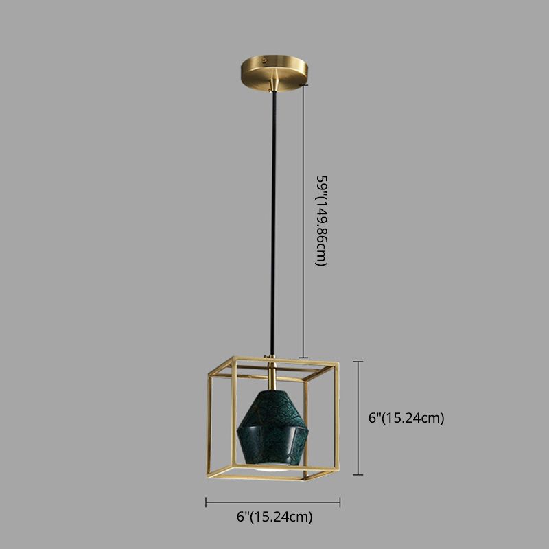 Blackish Green Shade Pendant Light Retro Nordic 1-Light Marble Hanging Light with Gold Cage