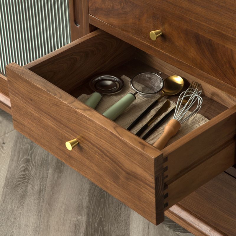 Modern Glass Doors Solid Wood Sideboard Cabinet with Cabinets and Drawers