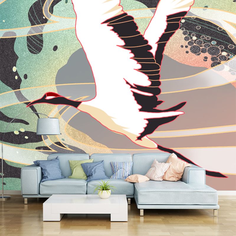 White Halcyon Flying Mural Wallpaper Moisture Resistant Wall Decor for Living Room