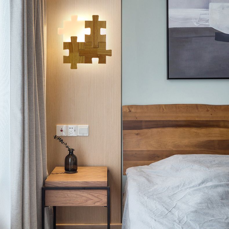 Creative Puzzles-shaped LED Wall Lamp Nordic Minimalism Rubber Wood Home Decorative Sconce Lights for Bedroom