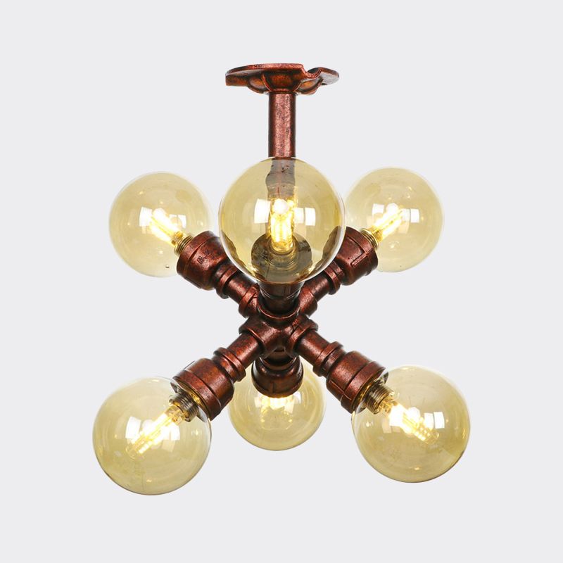 Farmhouse Global Semi Mount Lighting 4/5/6-Light Amber Glass LED Flush Lamp Fixture in Copper