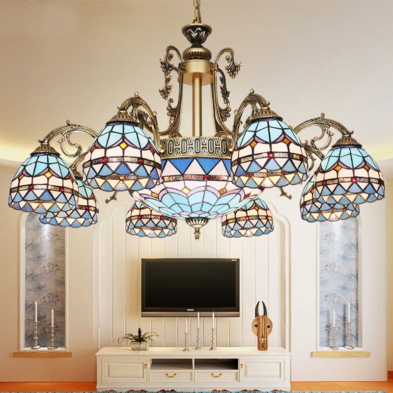 9/11 Lights Chandelier Lighting Fixture Mediterranean Dome Stained Glass Hanging Lamp in Blue