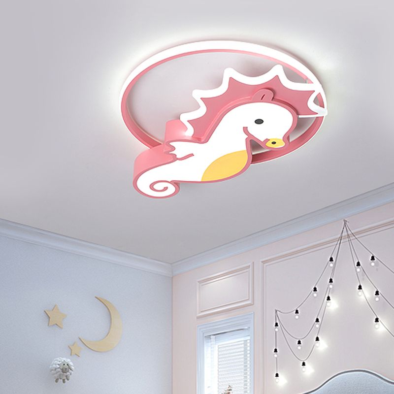 Modernist Sea Horse Flush Mount Ceiling Lamp Acrylic Kindergarten Pink LED Lighting Fixture with Ring in Warm/White Light