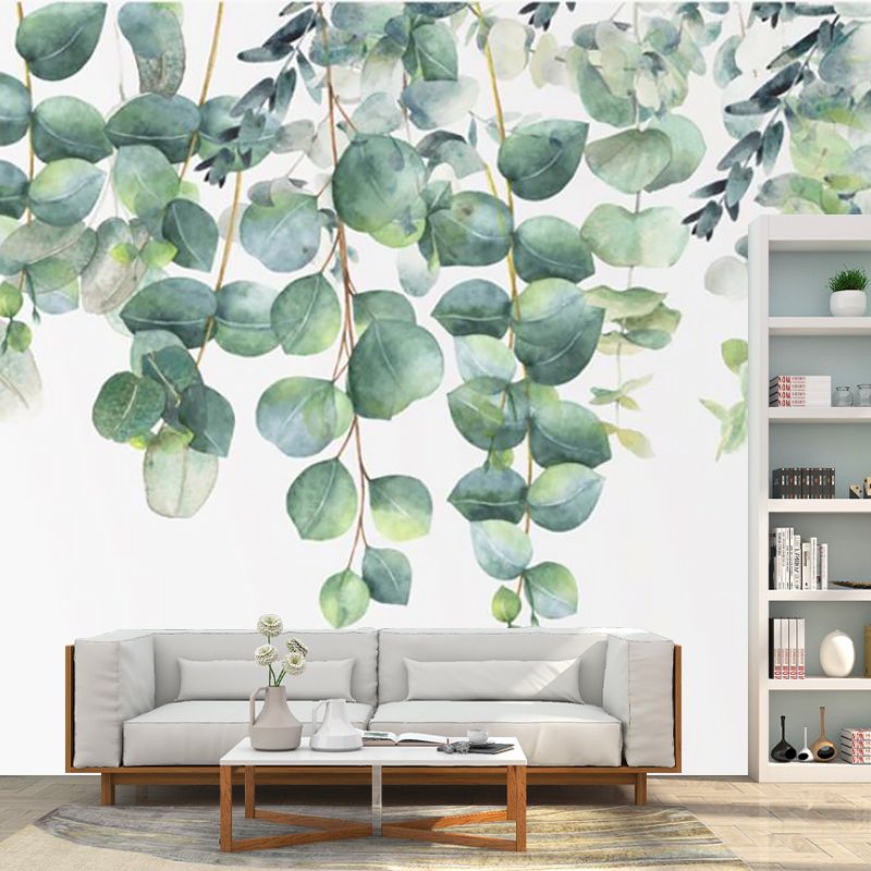 Watercolor Leaf Wall Decal Mural Modern Non-Woven Material Wall Art in Green-White
