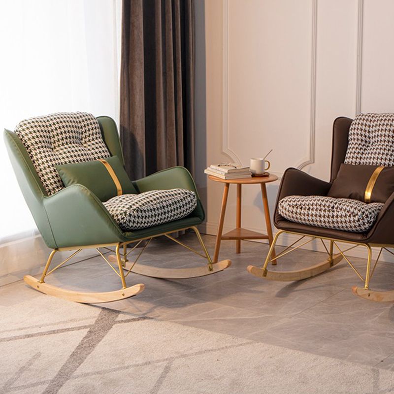 Tufted Rocker Houndstooth Patchwork Modern Leather Rocker Chair with Pillow and Ottoman