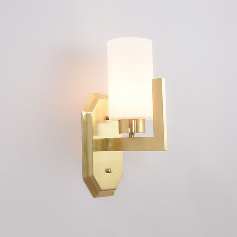 1 Bulb Living Room Wall Lamp Modern Gold Sconce Light Fixture with Tubular Milk Glass Shade