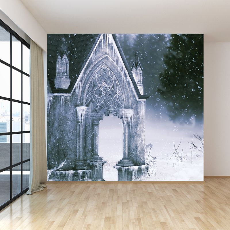 Contemporary Winter Building Wall Mural for Girls Bedroom Full Size Wall Covering in White