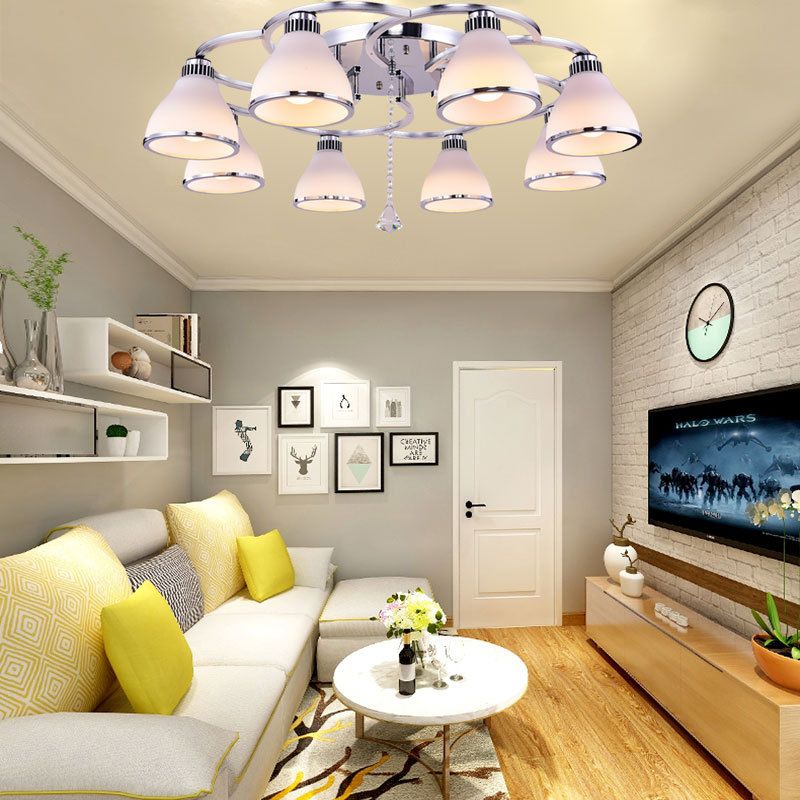 Contemporary Conical Opal Glass Semi Flush Light Crystal 8 Lights Living Room Semi Flush Mount in Chrome