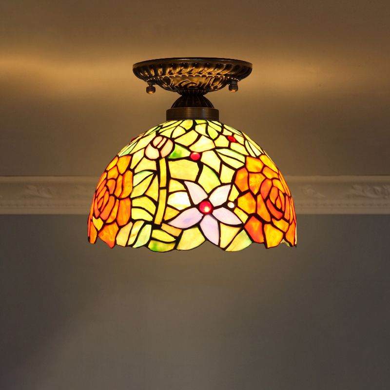 Decorative Dome Shade Semi Flush Mount 1-Light Stained Glass Ceiling Mounted Light