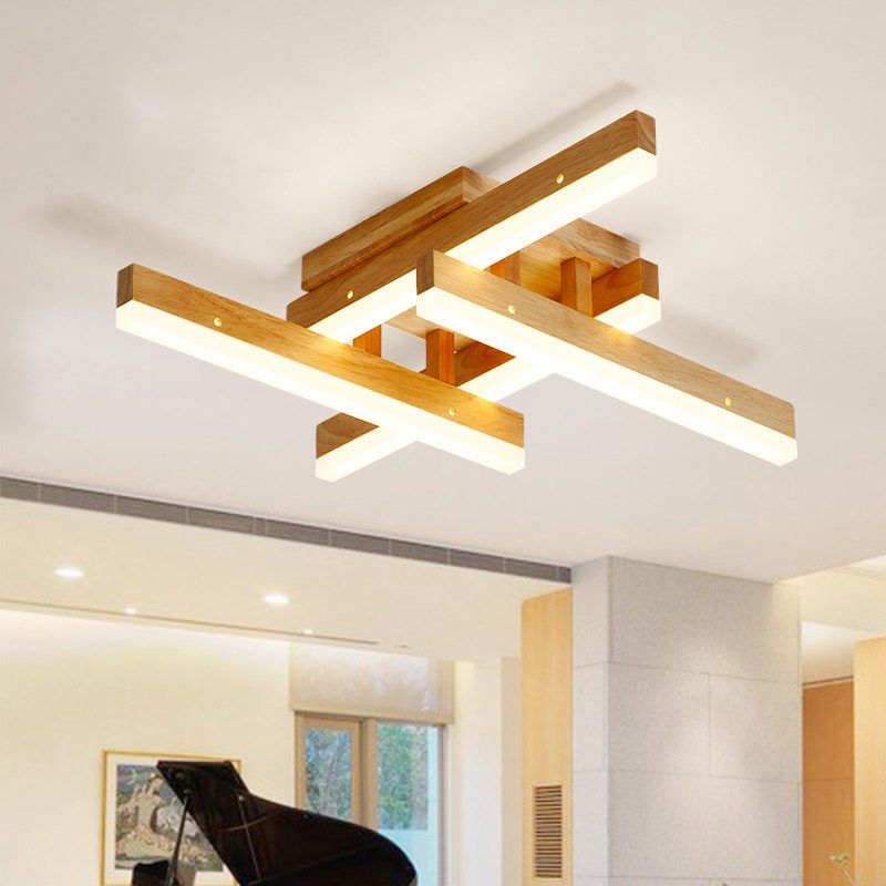 Rettangolare Soggiorno Semi Luce di Flush In Legno Contemporaneo LED Lampada da Soffitto, Beige