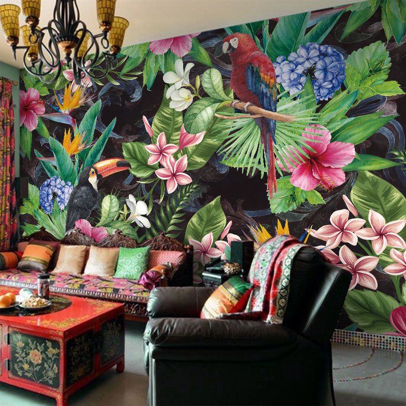 Modern Blossoms and Bird Mural in Green and Red Guest Room Wall Art, Custom-Made