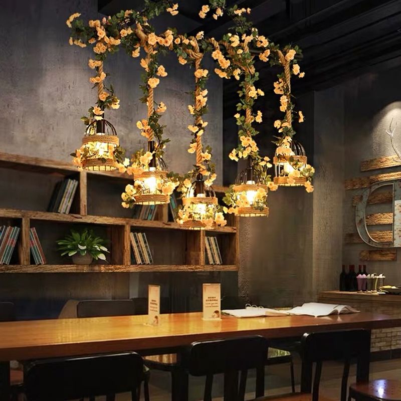 Birdcage Restaurant Island Lighting Industrial Hemp Rope 3/5-Light Black Ceiling Suspension Lamp
