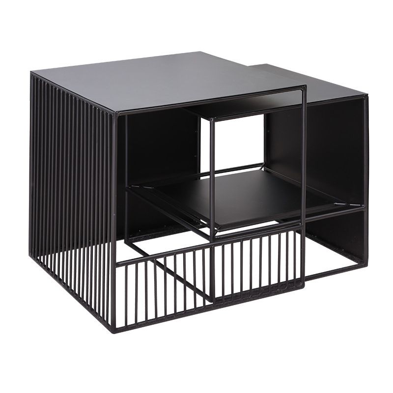Frame 2 Nesting Square Coffee Table Set Black Iron Cocktail Table with Storage Shelf