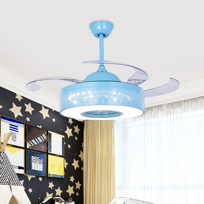 4 Blades Metallic Ring Semi Flush Lighting Modern 36" W LED Pendant Fan Lamp Fixture in Pink/Blue with Hollowed Out Design, Wall/Remote Control