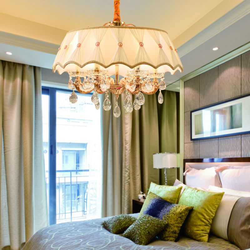 Beige 5 Heads Chandelier Lamp Modernism Crystal Drop Scalloped Suspension Lighting