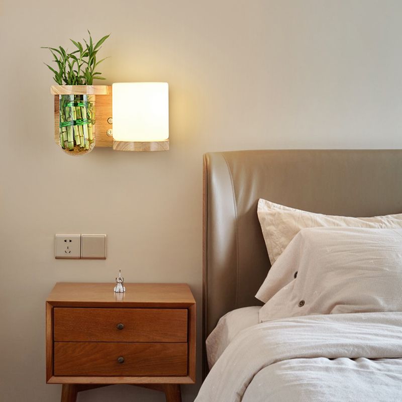 1-Light Wall Lamp Modern Wooden Shade Wall Lighting Fixtures without Plants