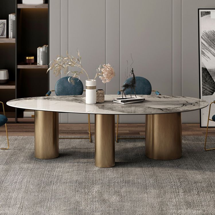 Traditional Luxury Oval Dining Room Table White Sintered Stone Table with 3 Gold Legs