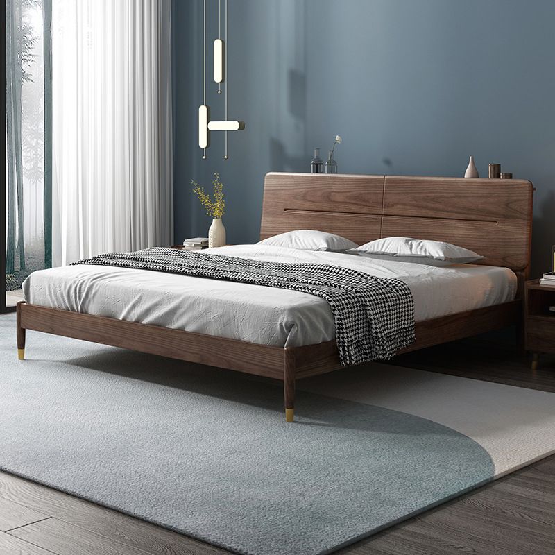 Mid-Century Modern Solid Wood Bed with Rectangular Headboard Bed Frame