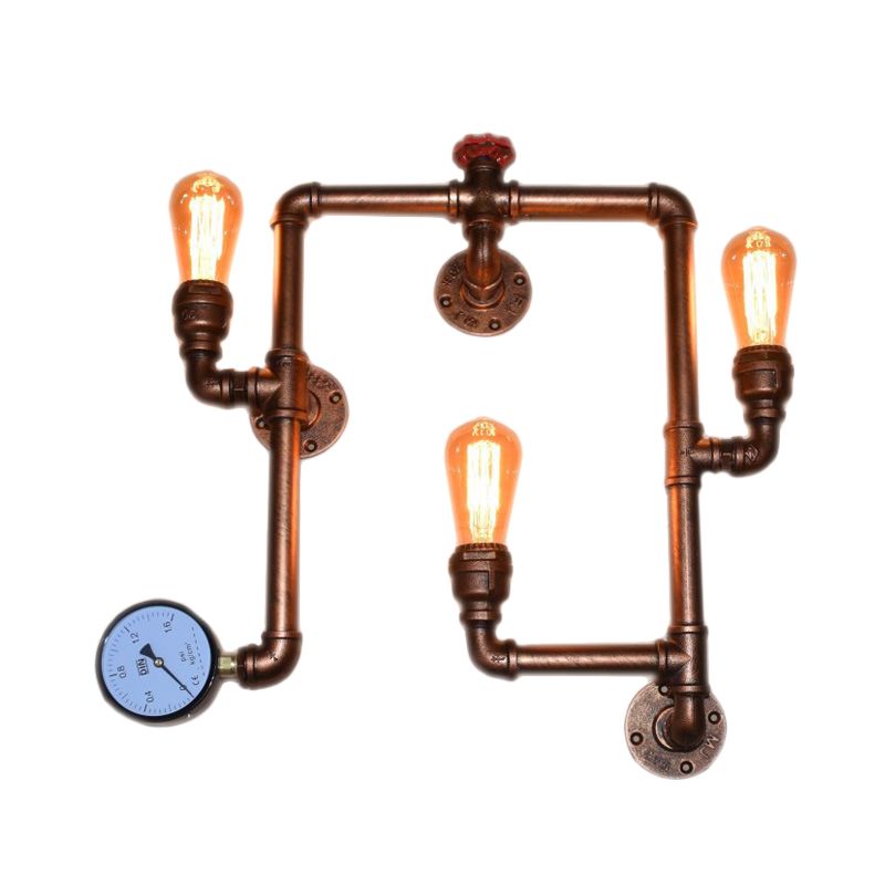 3-Head Iron Sconce Light Industrial Copper Finish Twisted Living Room Wall Mount Pipe Lamp with Gauge Deco