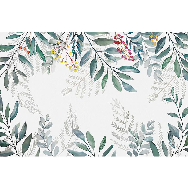 Full Nordic Mural Wallpaper Pastel Green Leaf and Stem Wall Decor, Made to Measure