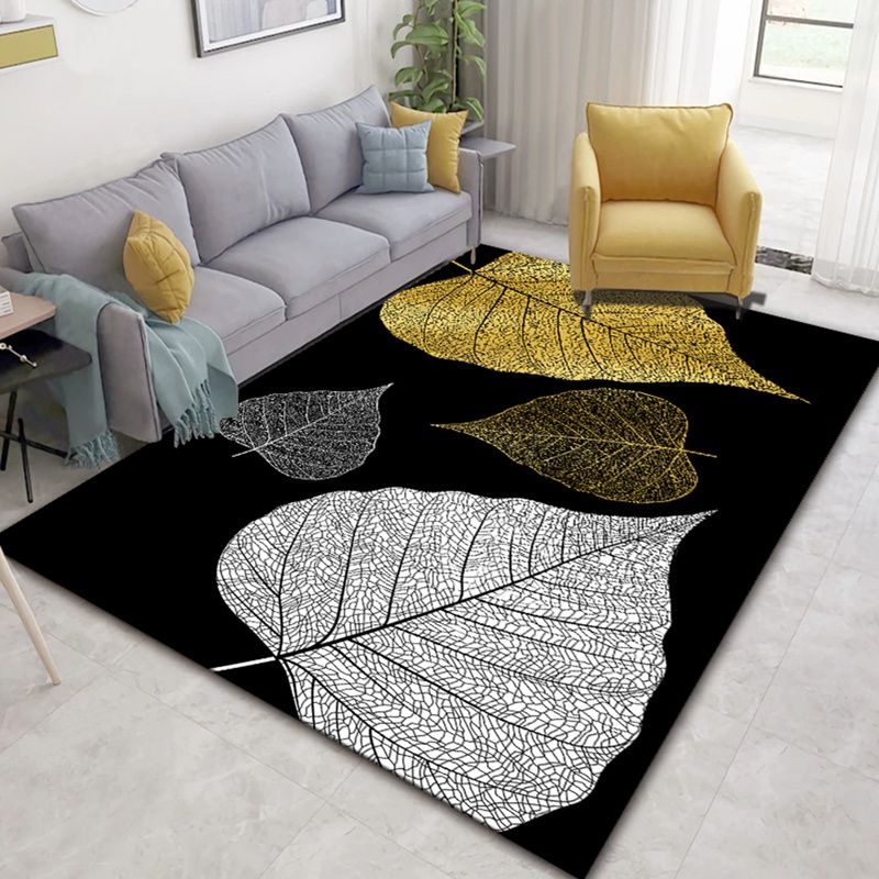 Solid Color Simple Indoor Rug Polyester Plants Print Rug Stain Resistant Indoor Rug for Living Room