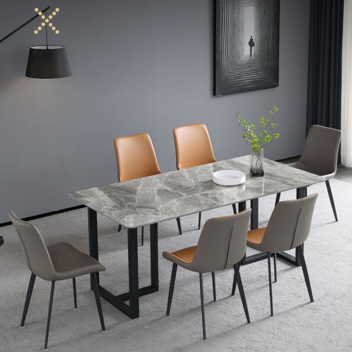 Industrial Grey Table for Restaurant Rectangle Dining Table with Double Pedestal
