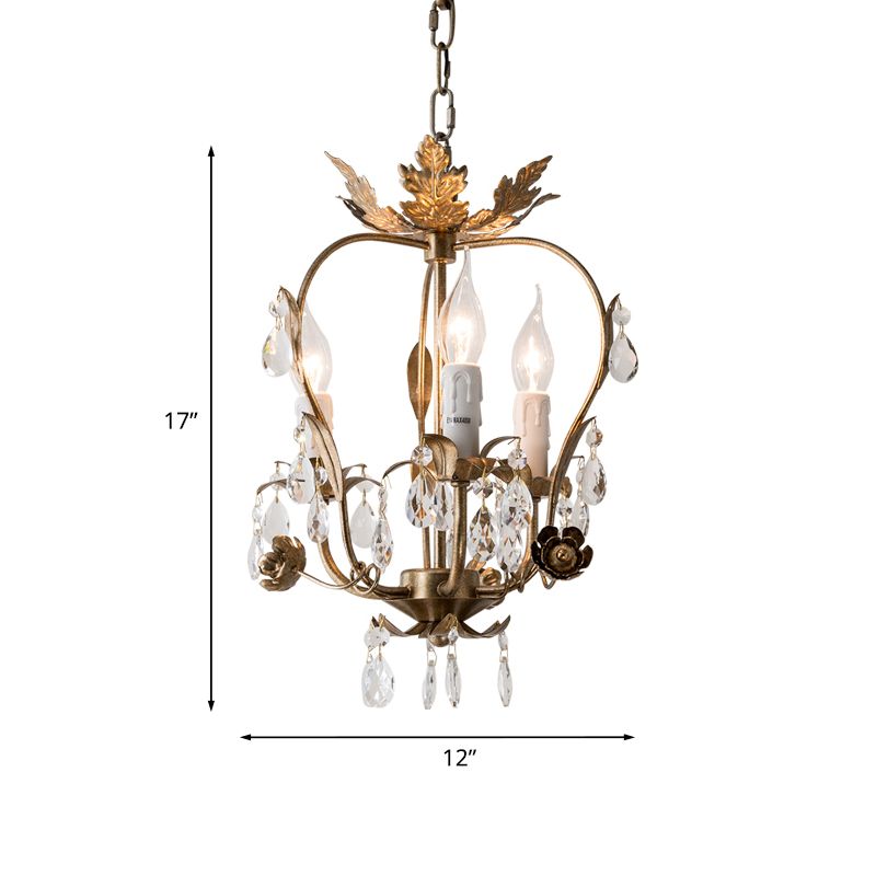 3 Lights Chandelier Pendant Countryside Inverted Pear Frame Crystal Hanging Lamp in Antiqued Brass