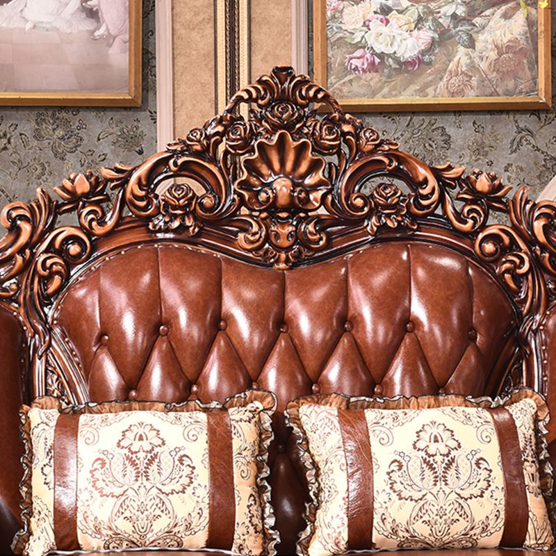 Genuine Leather Sofa Brown Tufted Split-Back Rolled Arm Sofa