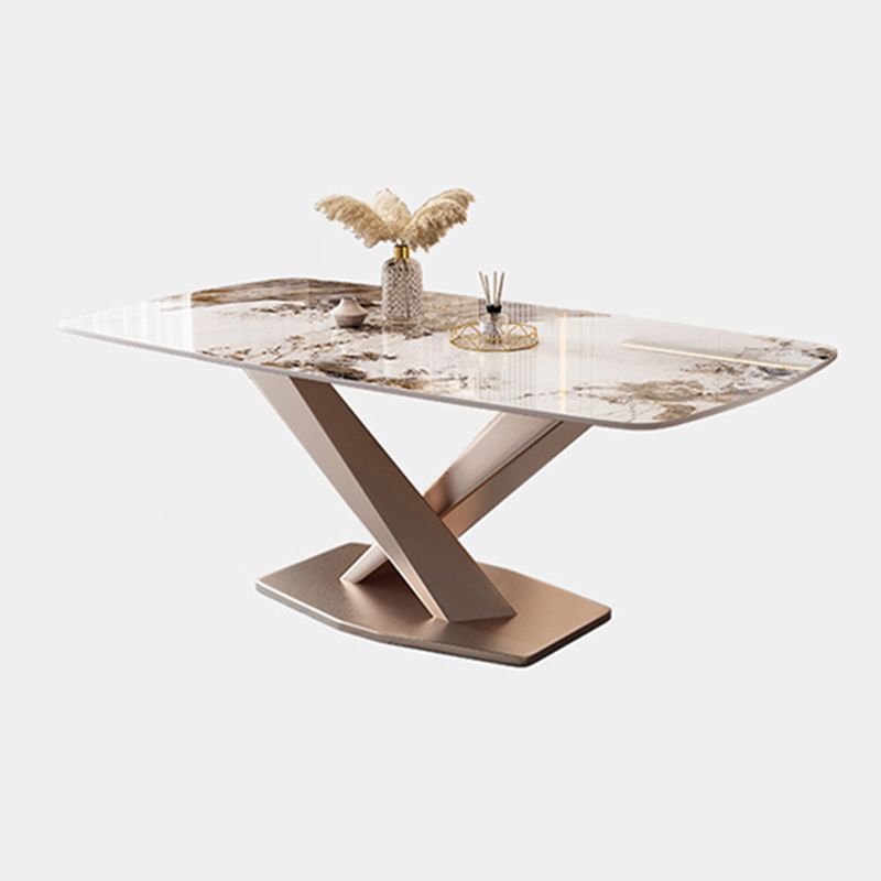 Rectangular Luxury White Stone Top Dining Table with Metal Pedestal