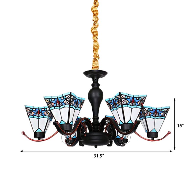 6 Lights Geometric Hanging Light Tiffany Style Stained Glass Inverted Chandelier for Dining Room