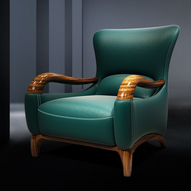 Traditional Wood Living Room Armchair Real Aniline Leather Accent Armchair