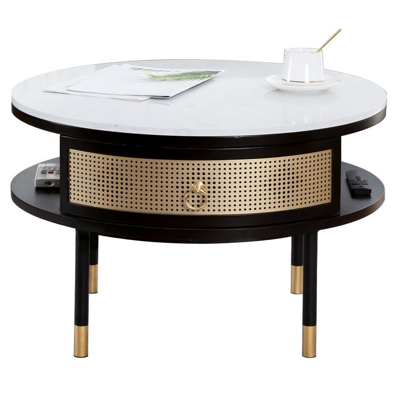 17.7" H Round Slate Coffee Table 4 Legs Cocktail Table with 2 Drawers