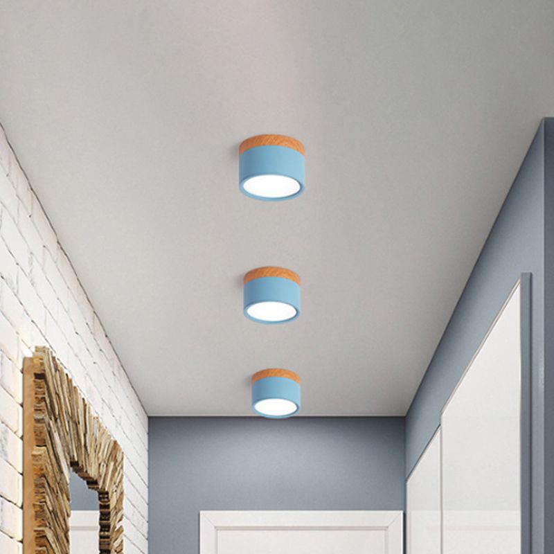 Cylinder Small Flush Ceiling Light Macaron Metal Kitchen Bar Flush Mount Lighting in Yellow/Blue/Black and Wood