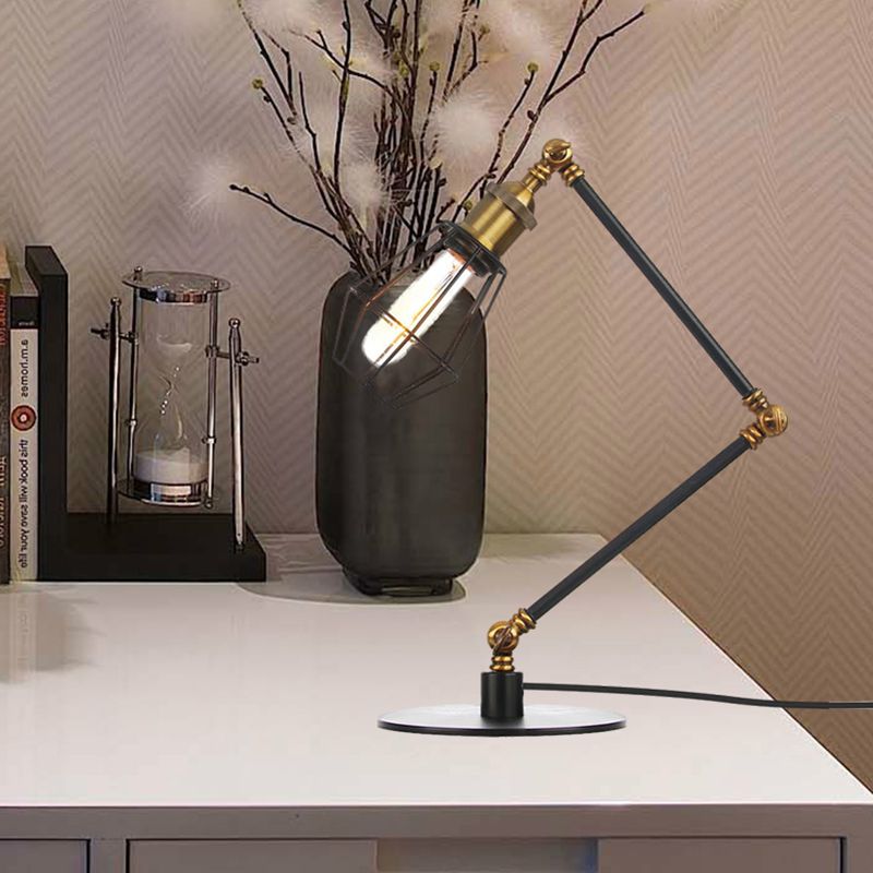 Wire Frame Table Lighting Industrial Style Metal 1 Light Black/Brass Finish Table Lamp with Adjustable Arm