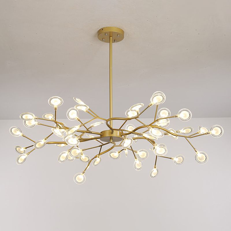 54-Light Unique Golden Linear Branch Firefly Chandelier for Dining Room, Adjustable Height