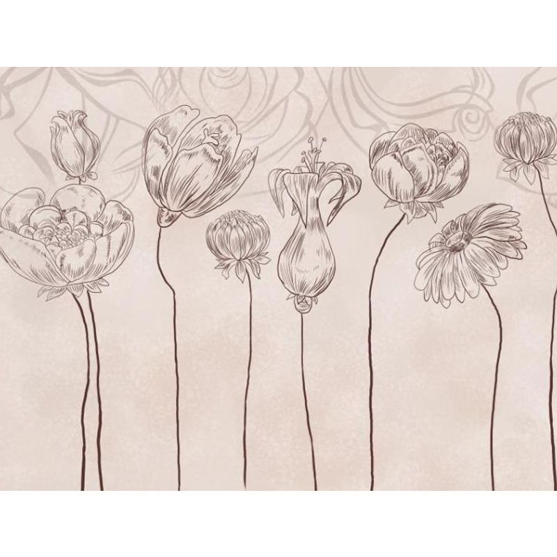 Pencil Drawing Flowers Wall Mural Pink Modern Style Walll Art for House Interior