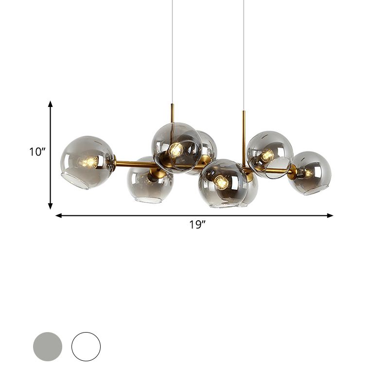 8 Bulbs Ball Island Lamp Contemporary Clear/Smoke Glass Suspended Lighting Fixture in Black/Gold for Dining Room