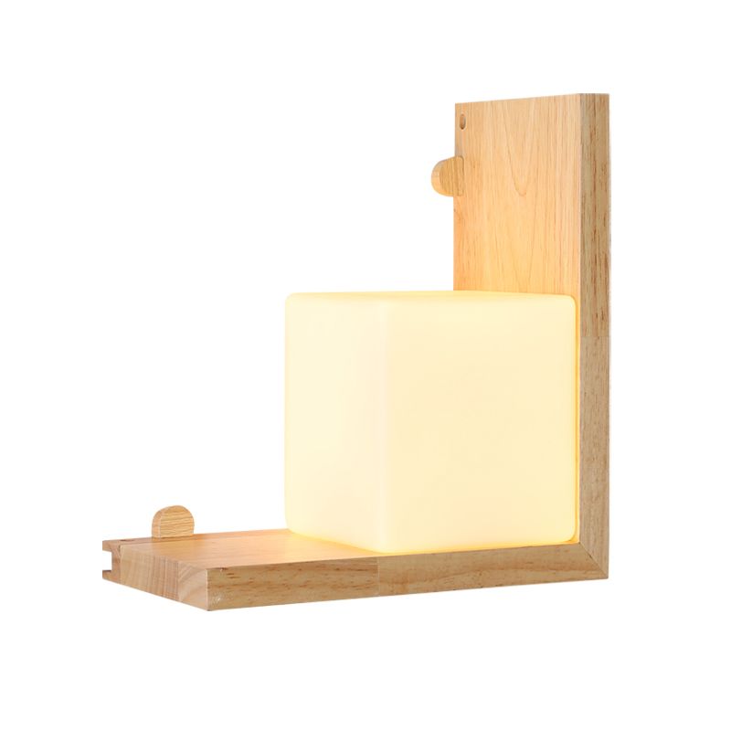 Wood Right Angle Panel Flush Wall Sconce Minimalist LED Beige Wall Light Fixture with Cube Opal Glass Shade