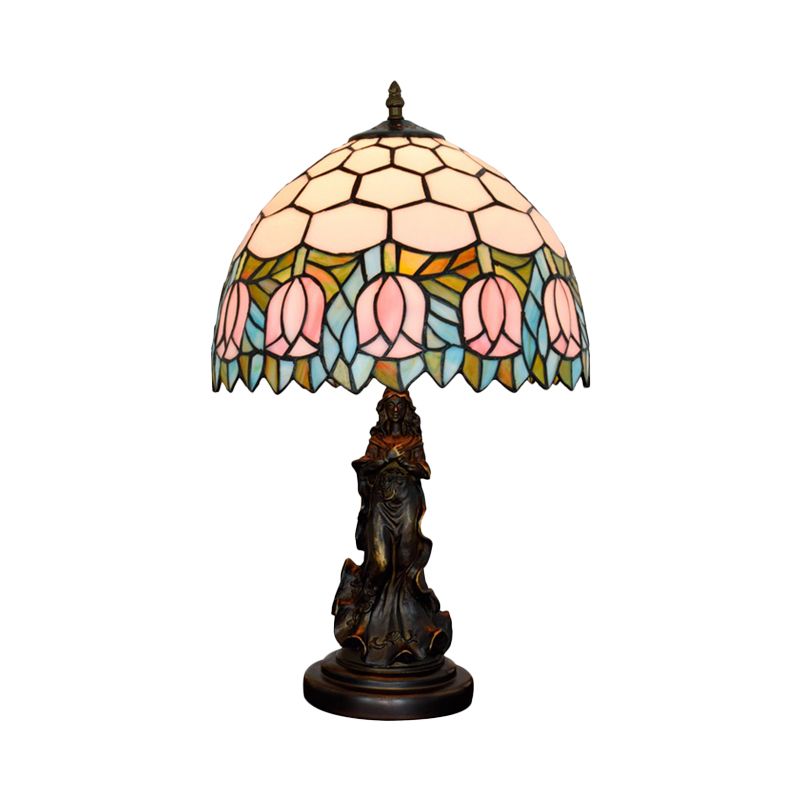 1 Table ombre en nid d'abeille Light Tiffany Tiffany Bronze Tachage de cheminée en vitrail avec bord rose et base ange