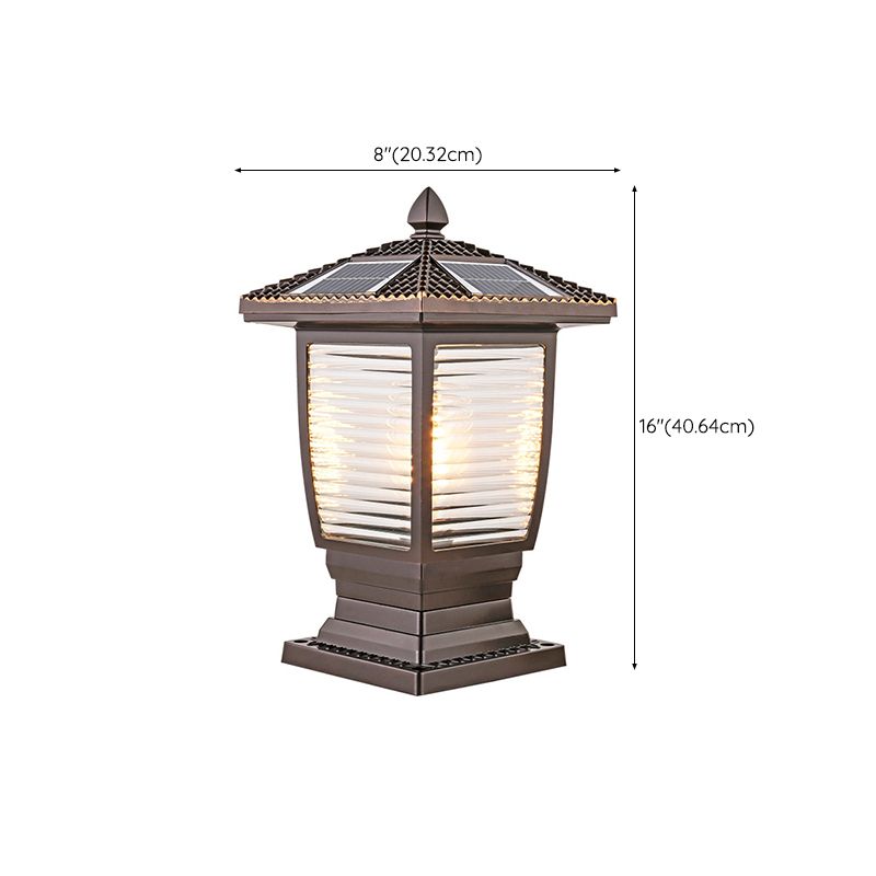 Contemporary Metal Pillar Lamp Pavilion Shape Outdoor Waterproof Light with Glass Shade