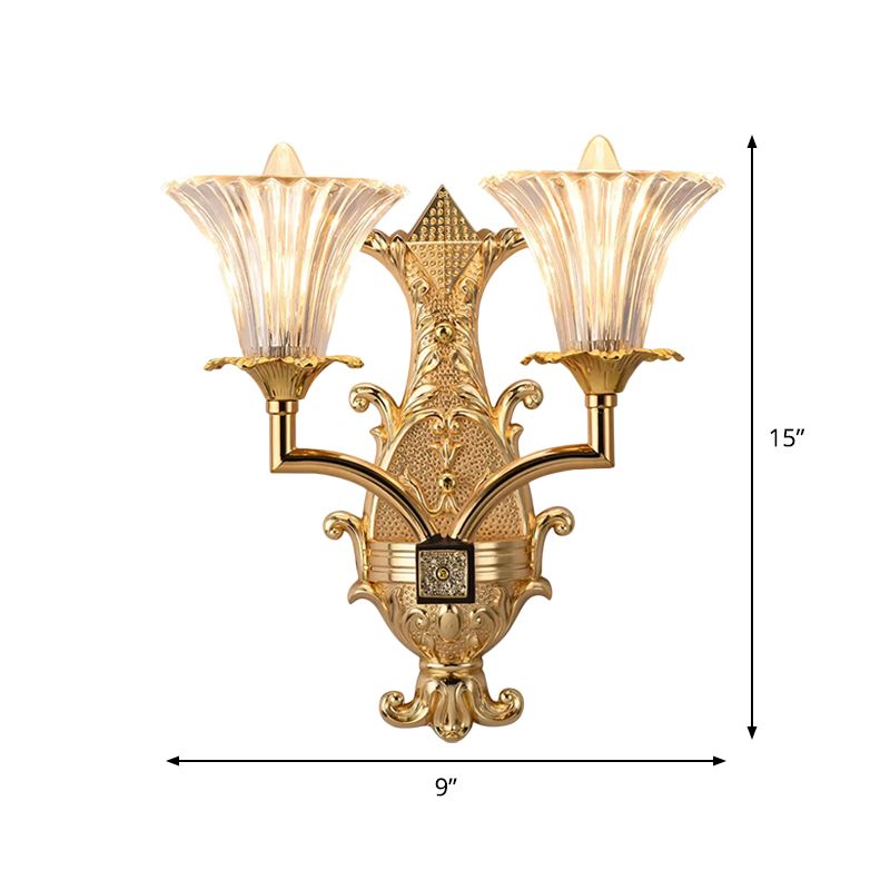Clear Fluted Glass Gold Wall Lamp Tapered 2-Light Rustic Style Wall Lighting Fixture