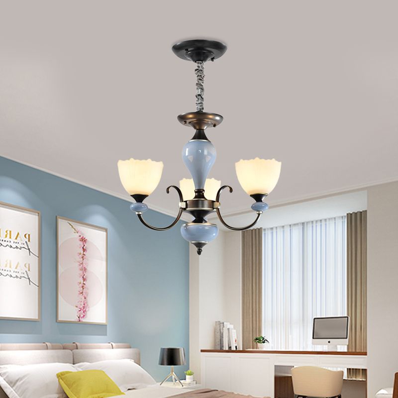 3/6 Heads Pendant Chandelier Countryside Bowl White Glass Ceiling Light in Black with Swooping Arm