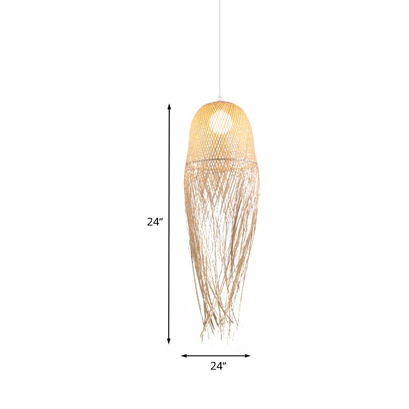 Hand-Knitted Pendant Light with Tassel Design Modern Bamboo 1 Head Beige Hanging Lamp for Dining Room