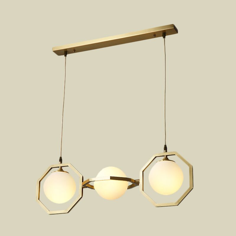 White Frosted Glass Orb Island Light Fixture Modernist 3-Light Ceiling Pendant Lamp with Gold Octagon Frame